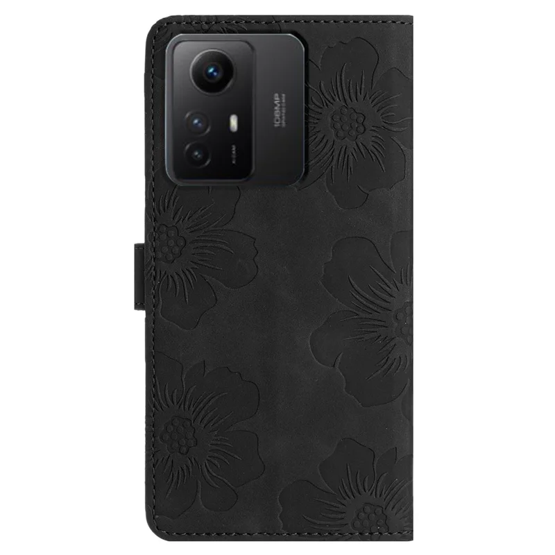 For Xiaomi Redmi Note 12S 4G Drop-proof Leather Phone Shell Flowers Imprinted Stand Wallet Case - Black