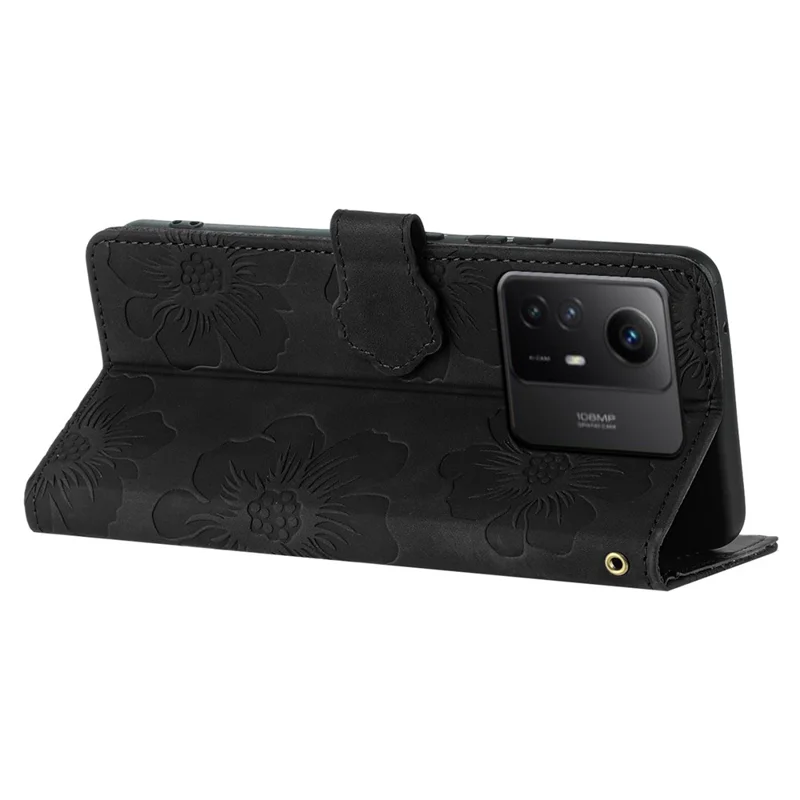 For Xiaomi Redmi Note 12S 4G Drop-proof Leather Phone Shell Flowers Imprinted Stand Wallet Case - Black