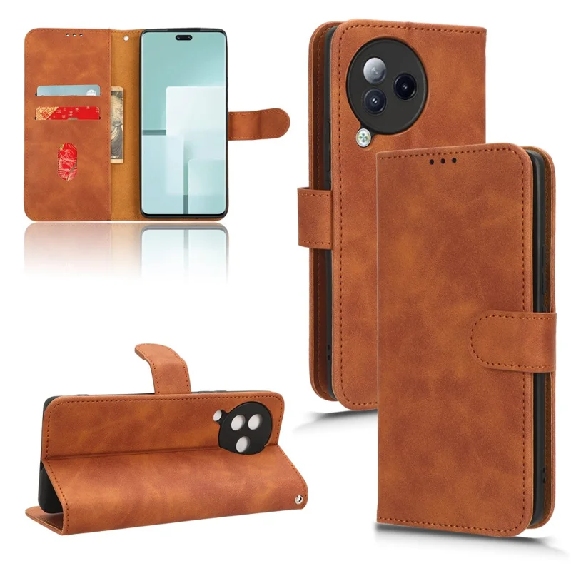Skin-touch Leather Case for Xiaomi Civi 3 5G , Foldable Stand Wallet Protective Phone Cover - Brown