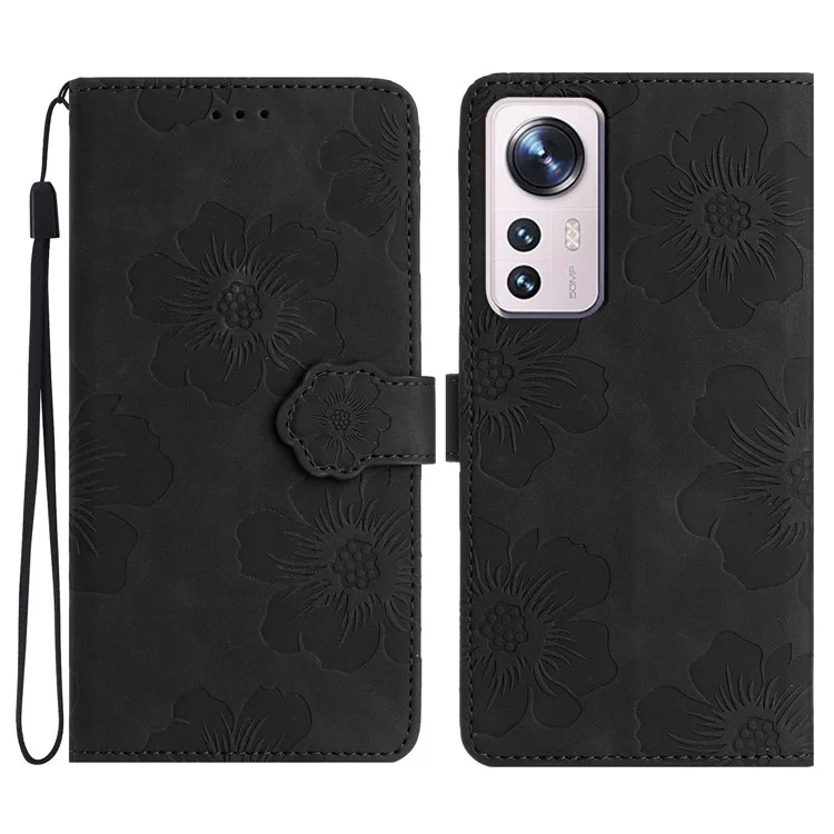 Pour Xiaomi 12 Lite 5G Fleurs Imprimées Étui Portefeuille en Cuir PU avec Support pour Téléphone Portable - Noir