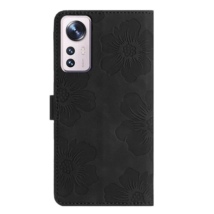 Pour Xiaomi 12 Lite 5G Fleurs Imprimées Étui Portefeuille en Cuir PU avec Support pour Téléphone Portable - Noir