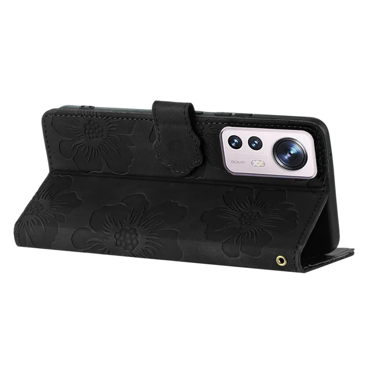 Pour Xiaomi 12 Lite 5G Fleurs Imprimées Étui Portefeuille en Cuir PU avec Support pour Téléphone Portable - Noir