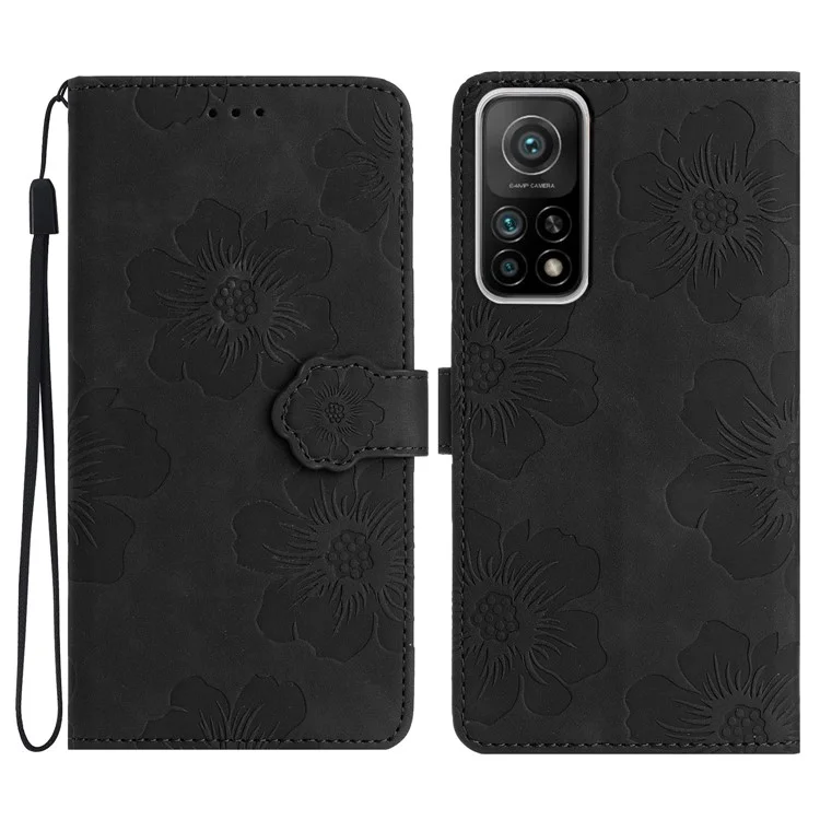 Leder-Handyhülle für Xiaomi Mi 10T 5G / 10T Pro 5G / Redmi K30S, mit Blumen bedruckter Standfuß-Klapptasche - Schwarz