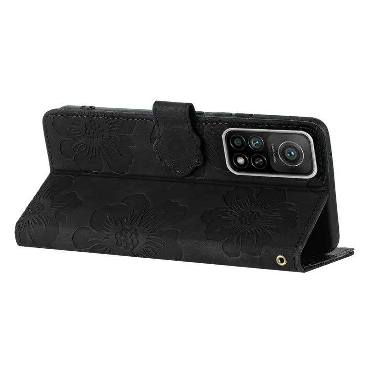 Leder-Handyhülle für Xiaomi Mi 10T 5G / 10T Pro 5G / Redmi K30S, mit Blumen bedruckter Standfuß-Klapptasche - Schwarz