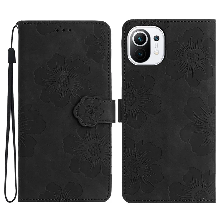 Funda de teléfono billetera para Xiaomi Mi 11 Lite 4G / 5G / 11 Lite 5G NE, cubierta de pie con estampado de flores en piel sintética - Negro