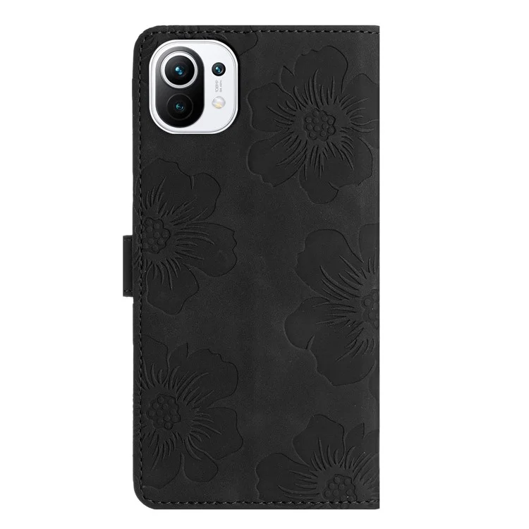 Funda de teléfono billetera para Xiaomi Mi 11 Lite 4G / 5G / 11 Lite 5G NE, cubierta de pie con estampado de flores en piel sintética - Negro