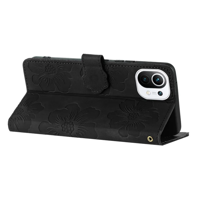 Funda de teléfono billetera para Xiaomi Mi 11 Lite 4G / 5G / 11 Lite 5G NE, cubierta de pie con estampado de flores en piel sintética - Negro