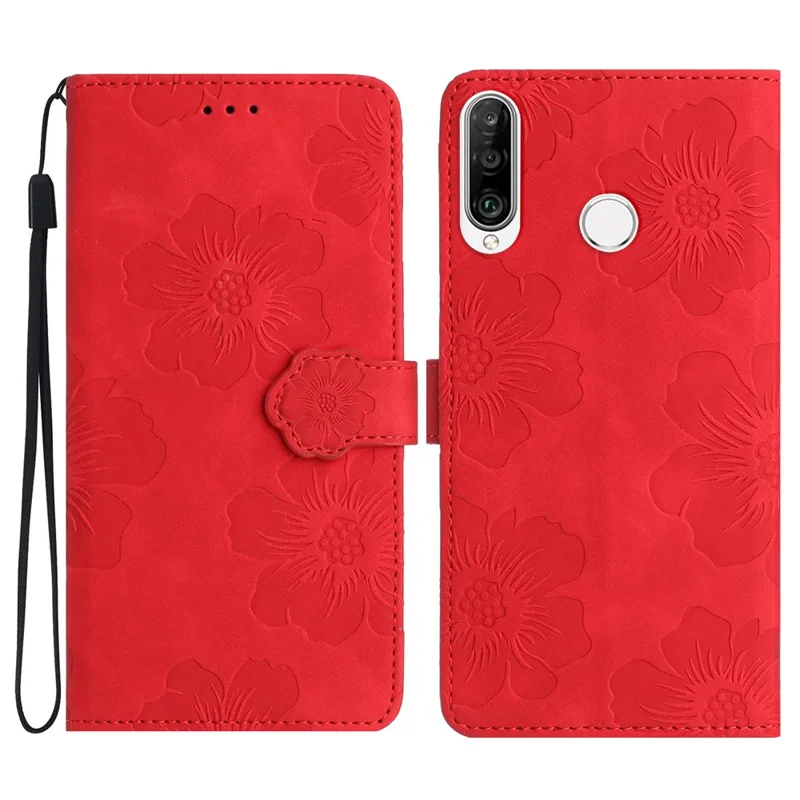 Capa de Carteira Flip para Huawei P30 Lite / P30 Lite New Edition / nova 4e, Capa de Telefone de Couro PU com Padrão de Flores Impresso - Vermelho