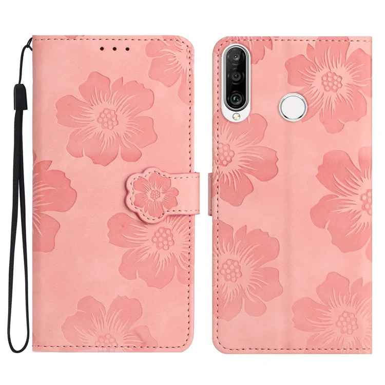 Flip Wallet Case for Huawei P30 Lite / P30 Lite New Edition / nova 4e , PU Leather Flowers Imprinted Stand Phone Cover - Pink