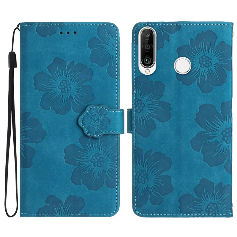 Funda de cartera Flip para Huawei P30 Lite / P30 Lite New Edition / nova 4e, cubierta de teléfono con soporte de flores de piel sintética - Azul