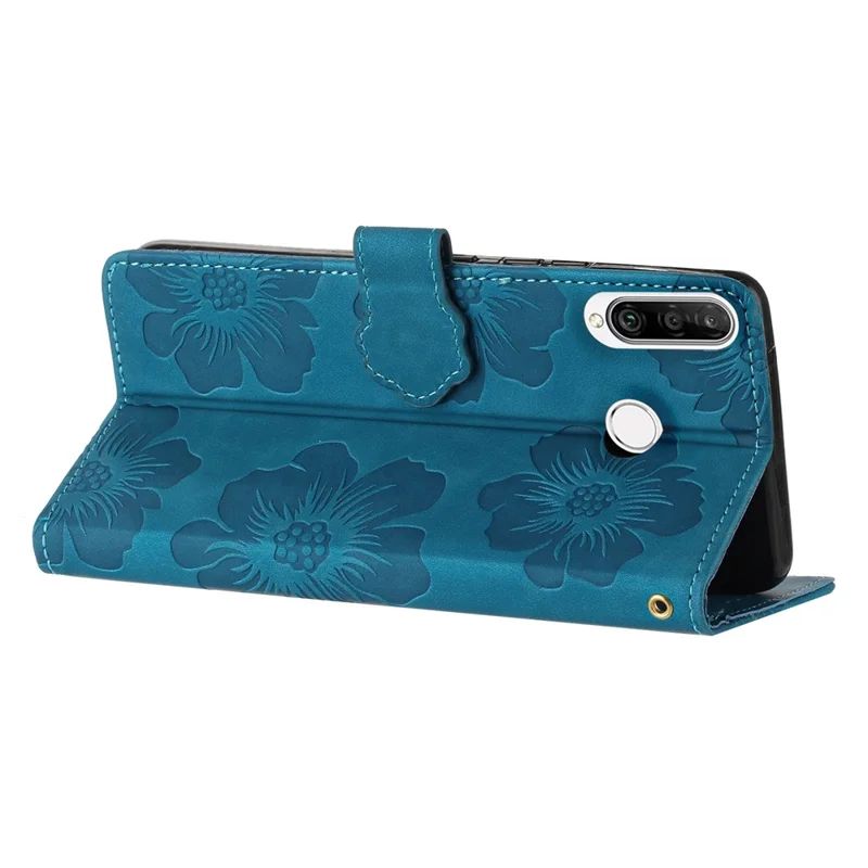 Funda de cartera Flip para Huawei P30 Lite / P30 Lite New Edition / nova 4e, cubierta de teléfono con soporte de flores de piel sintética - Azul