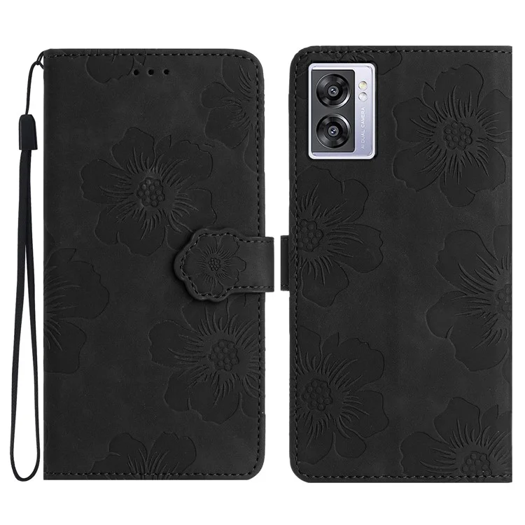 Custodia in pelle PU per Oppo A57 (2022) 5G / A77 5G, Copertina telefonica con fiori stampati - Nero