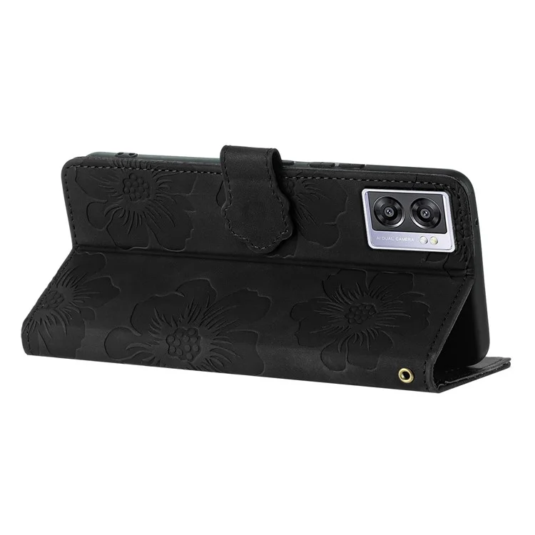 Custodia in pelle PU per Oppo A57 (2022) 5G / A77 5G, Copertina telefonica con fiori stampati - Nero