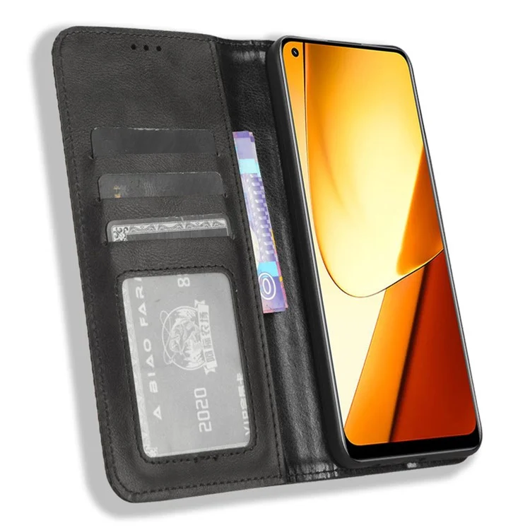 Pour Realme 11 5G (Chine) Rétro Support PU Leather Phone Case Wallet Mobile Phone Anti-Scratch Cover - Noir