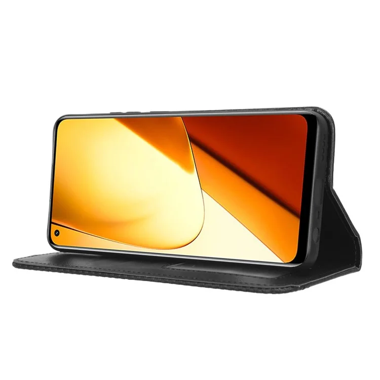 Pour Realme 11 5G (Chine) Rétro Support PU Leather Phone Case Wallet Mobile Phone Anti-Scratch Cover - Noir