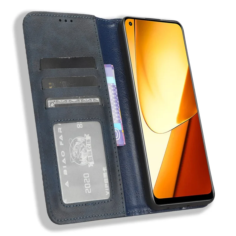 For Realme 11 5G (China) Retro Stand PU Leather Phone Case Wallet Mobile Phone Anti-Scratch Cover - Blue