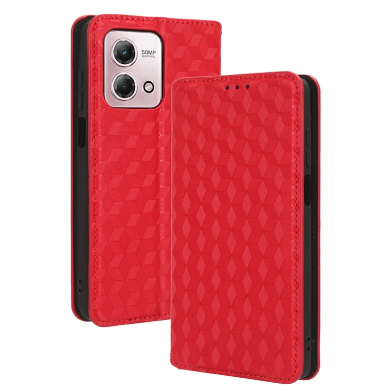 For Motorola Moto G Stylus (2023) Stand Case Rhombus Imprinted Shell PU Leather Phone Cover - Red
