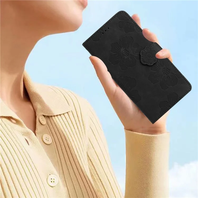 Para Sony Xperia 10 Protectora PU PU Cuero Billetera Flores Impresas - Negro