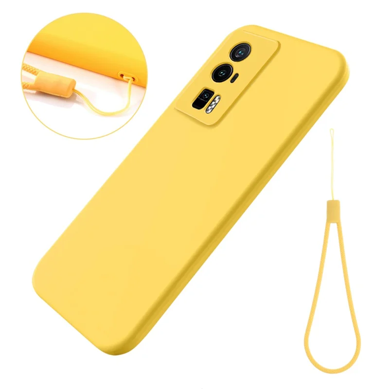 Coque de téléphone pour Xiaomi Poco F5 Pro 5G / Redmi K60 Pro 5G / K60 5G, boîtier de téléphone portable en silicone liquide avec doublure douce et sangle - Jaune