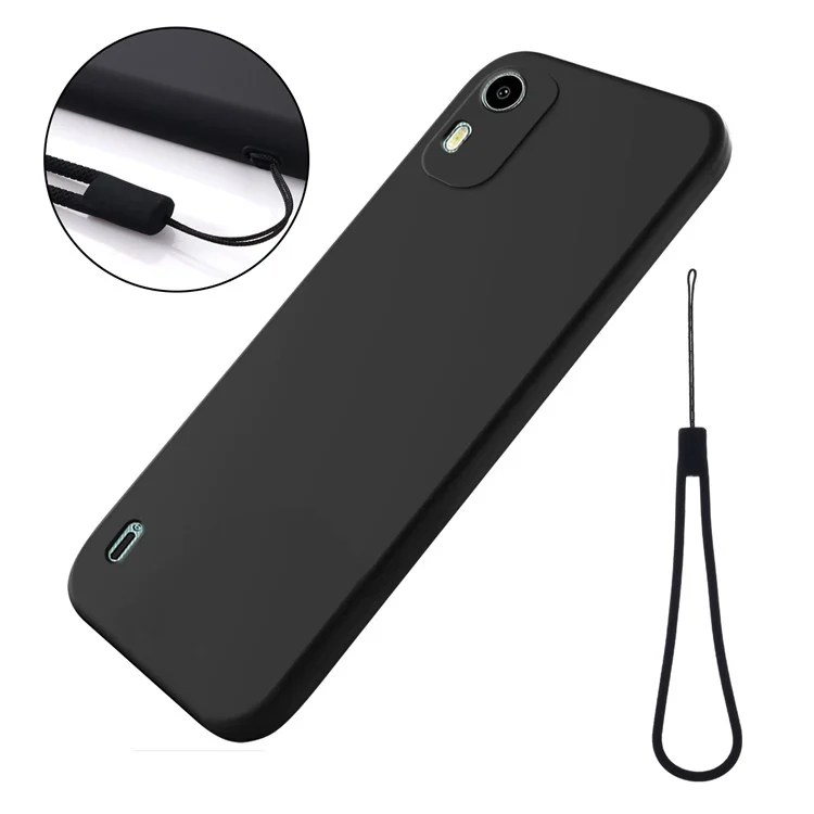 Liquid Silicone Phone Case for Nokia C12 Plus / C12 Pro / C12 4G , Soft Lining Shockproof Phone Cover with Strap - Black