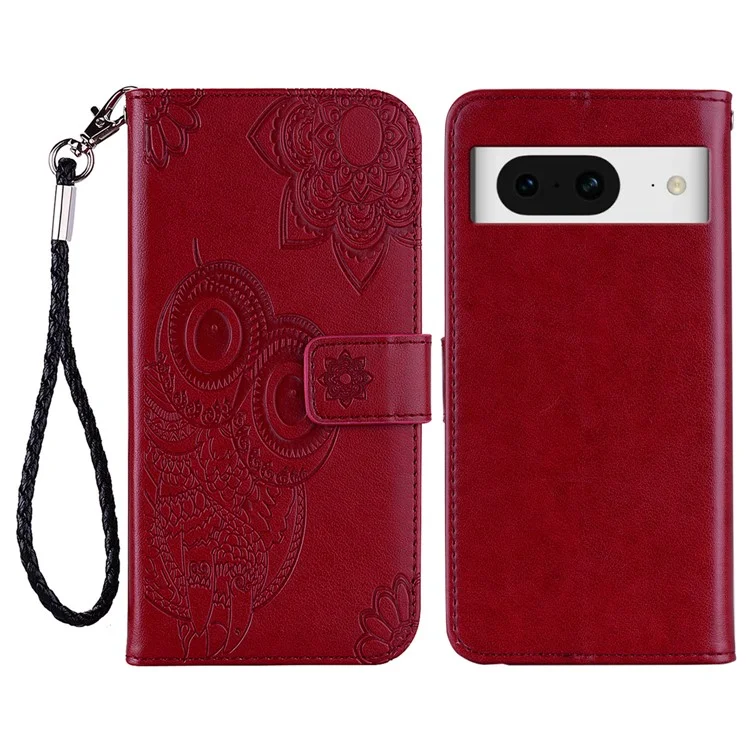 For Google Pixel 8 Mobile Phone Case TPU+PU Leather Stand Flip Imprinted Owl Flower Wallet Cover - Red