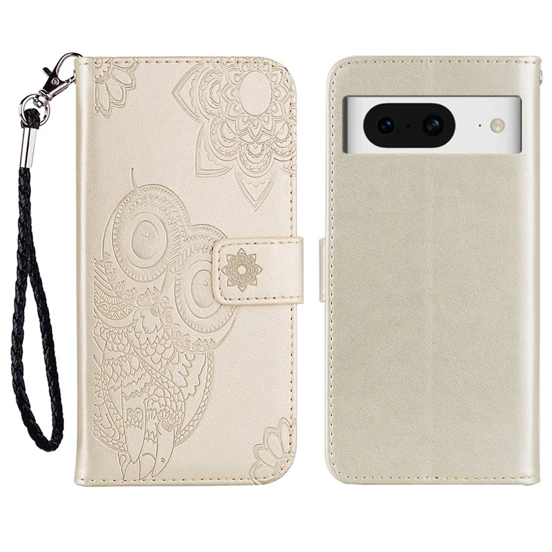 For Google Pixel 8 Mobile Phone Case TPU+PU Leather Stand Flip Imprinted Owl Flower Wallet Cover - Gold