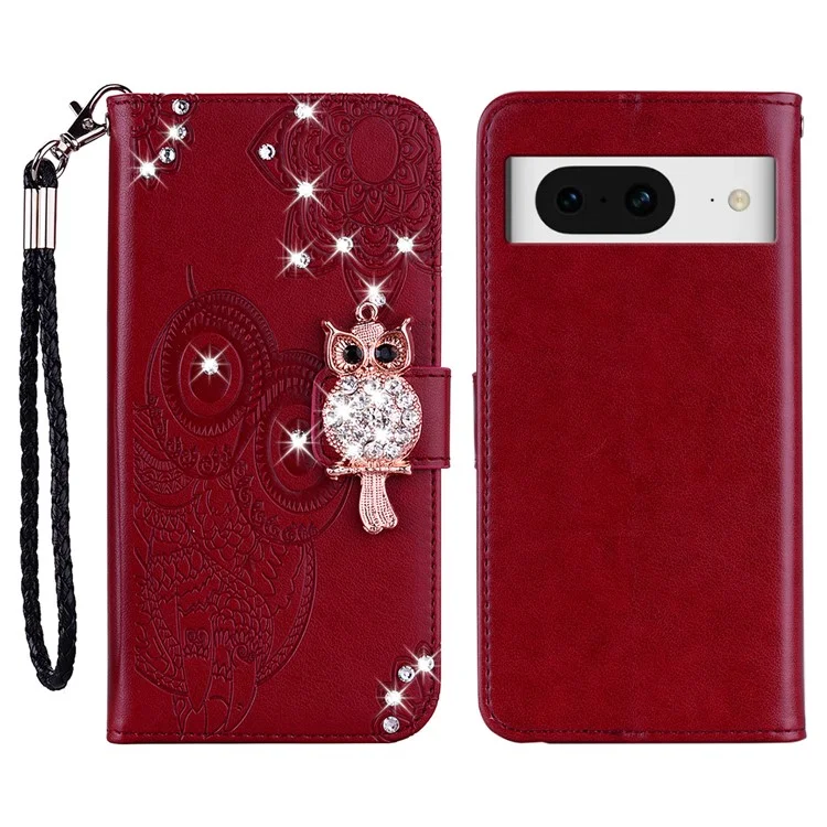 Für Google Pixel 8 Rhinestone Phone Cover Ledercase bedruckter Eule Blumenständer Brieftasche - Rot