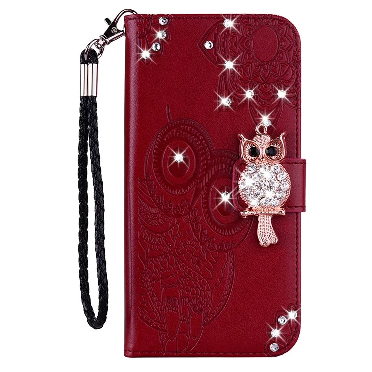 Für Google Pixel 8 Rhinestone Phone Cover Ledercase bedruckter Eule Blumenständer Brieftasche - Rot