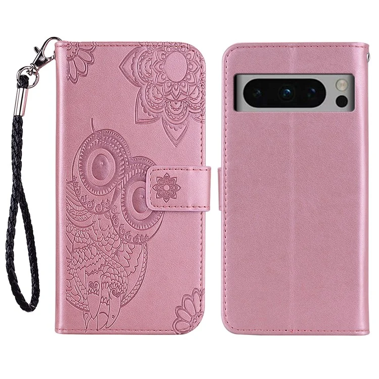 For Google Pixel 8 Pro Soft TPU+PU Leather Stand Phone Case Flip Wallet Cover Imprinted Owl Flower Shell - Rose Gold