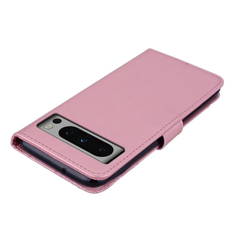 For Google Pixel 8 Pro Soft TPU+PU Leather Stand Phone Case Flip Wallet Cover Imprinted Owl Flower Shell - Rose Gold