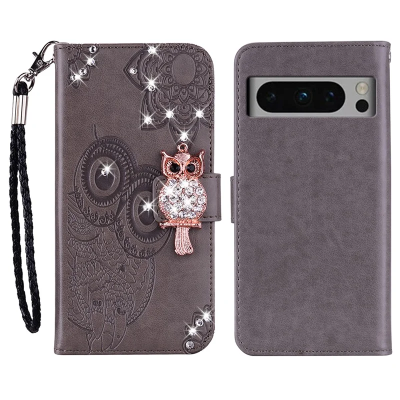 Phone Case for Google Pixel 8 Pro , PU Leather+TPU Shell Rhinestone Imprinted Pattern Stand Wallet Cover - Grey