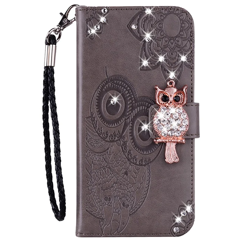 Phone Case for Google Pixel 8 Pro , PU Leather+TPU Shell Rhinestone Imprinted Pattern Stand Wallet Cover - Grey