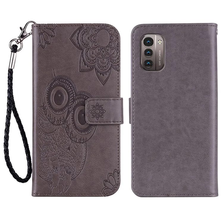 Pour Nokia G22 Imprinted Owl Flower Phone Case TPU+PU Leather Stand Flip Wallet Cover - Grey
