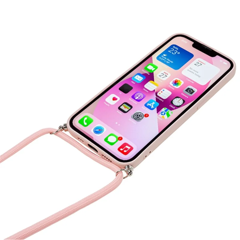 For iPhone 13 TPU Case Fiber Lining Anti-scratch Phone Cover with Long Lanyard - Pink