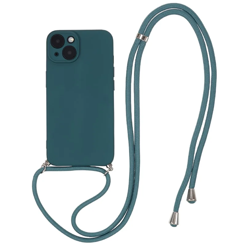 For iPhone 13 TPU Case Fiber Lining Anti-scratch Phone Cover with Long Lanyard - Army Green