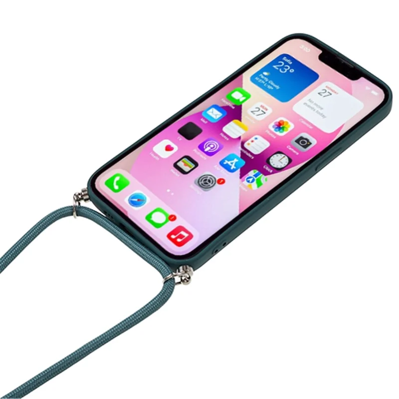 For iPhone 13 TPU Case Fiber Lining Anti-scratch Phone Cover with Long Lanyard - Army Green