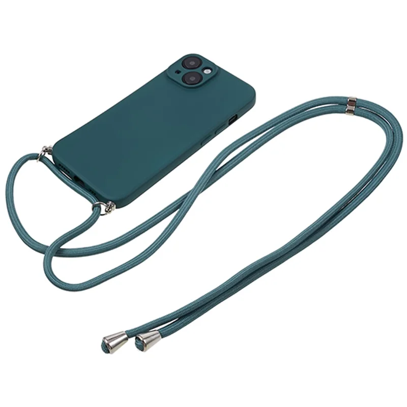 For iPhone 13 TPU Case Fiber Lining Anti-scratch Phone Cover with Long Lanyard - Army Green