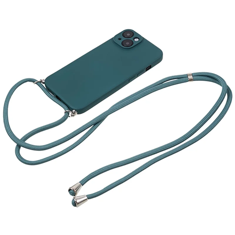 For iPhone 13 TPU Case Fiber Lining Anti-scratch Phone Cover with Long Lanyard - Army Green