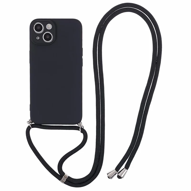 For iPhone 13 TPU Case Fiber Lining Anti-scratch Phone Cover with Long Lanyard - Black