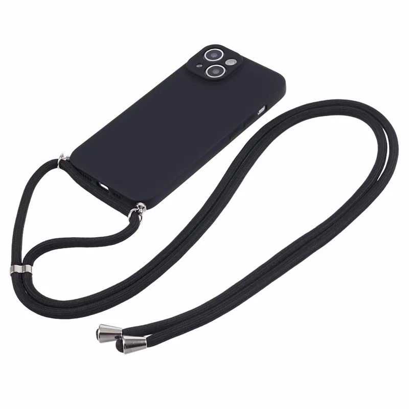 For iPhone 13 TPU Case Fiber Lining Anti-scratch Phone Cover with Long Lanyard - Black
