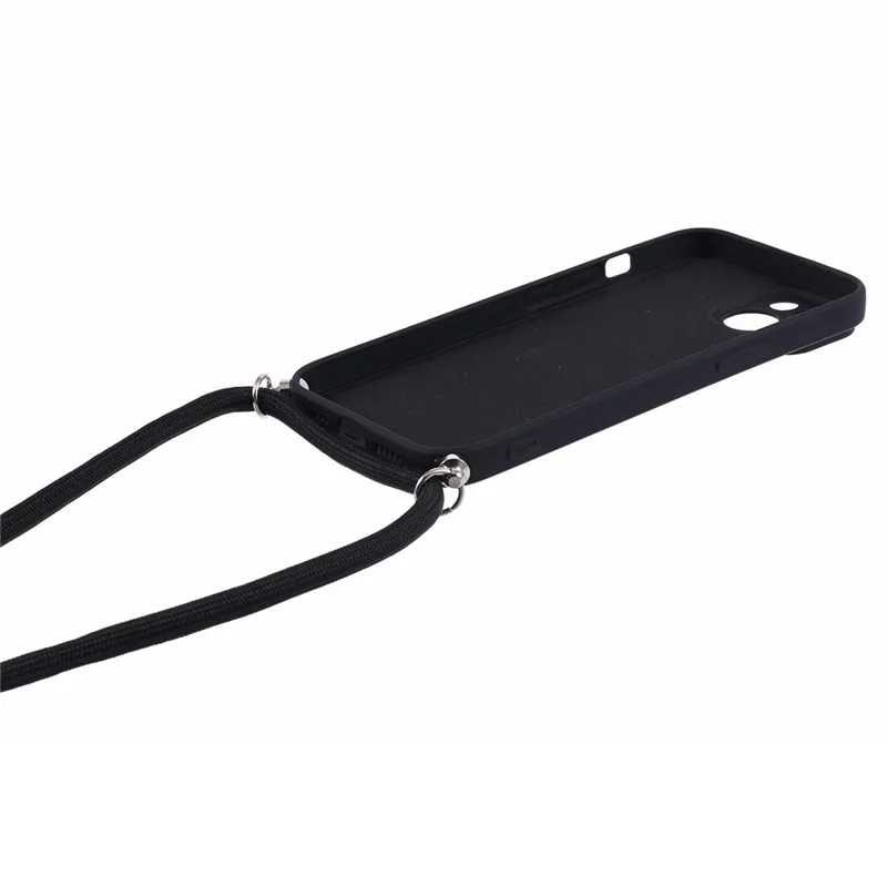For iPhone 13 TPU Case Fiber Lining Anti-scratch Phone Cover with Long Lanyard - Black