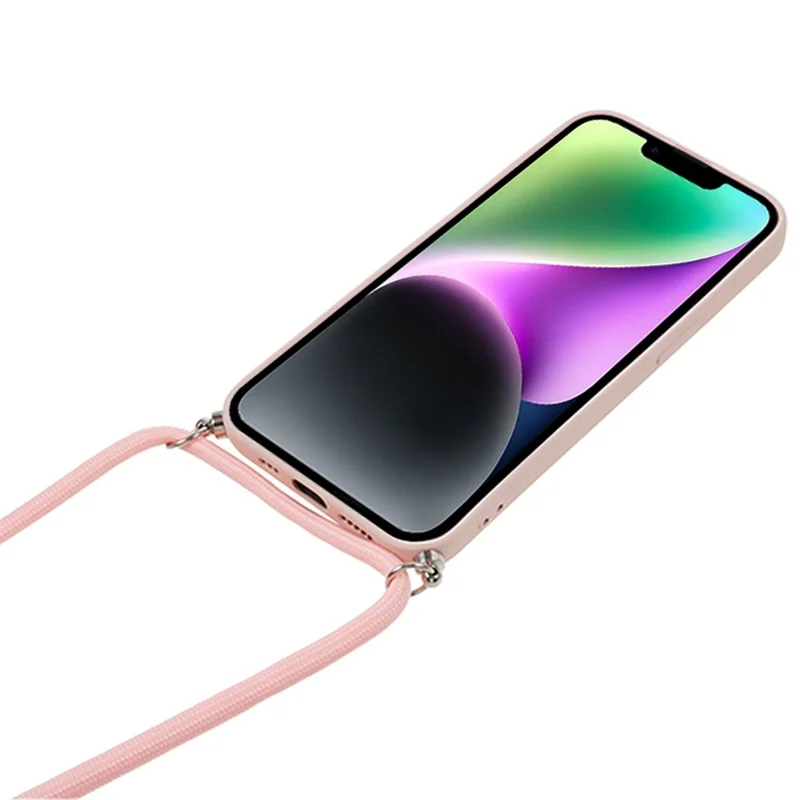 For iPhone 14 Case Rubberized TPU Smartphone Back Cover with Long Lanyard - Pink