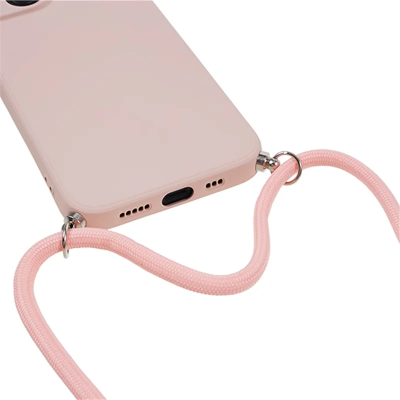 For iPhone 14 Case Rubberized TPU Smartphone Back Cover with Long Lanyard - Pink