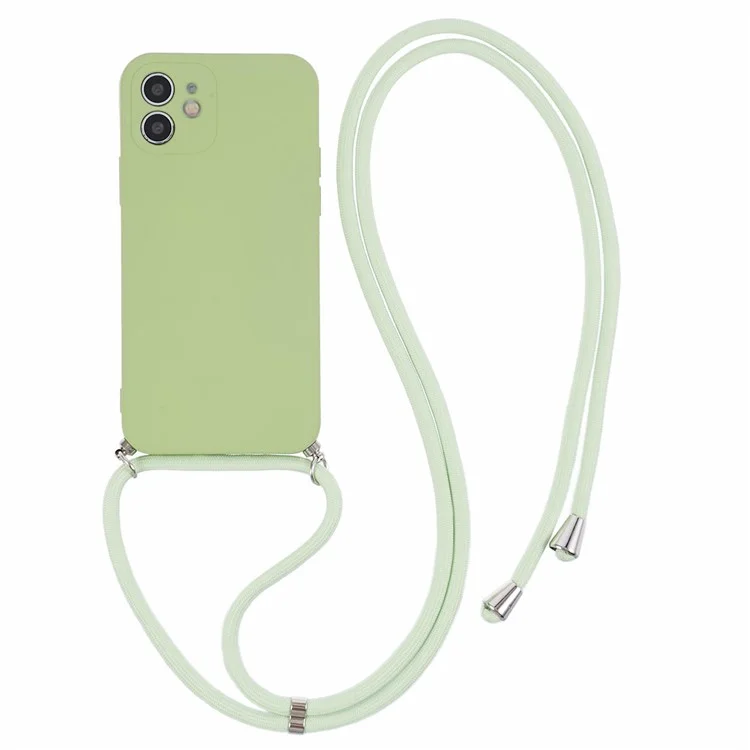 For iPhone 11 TPU Case Fiber Lining Protective Phone Cover with Long Lanyard - Matcha Green