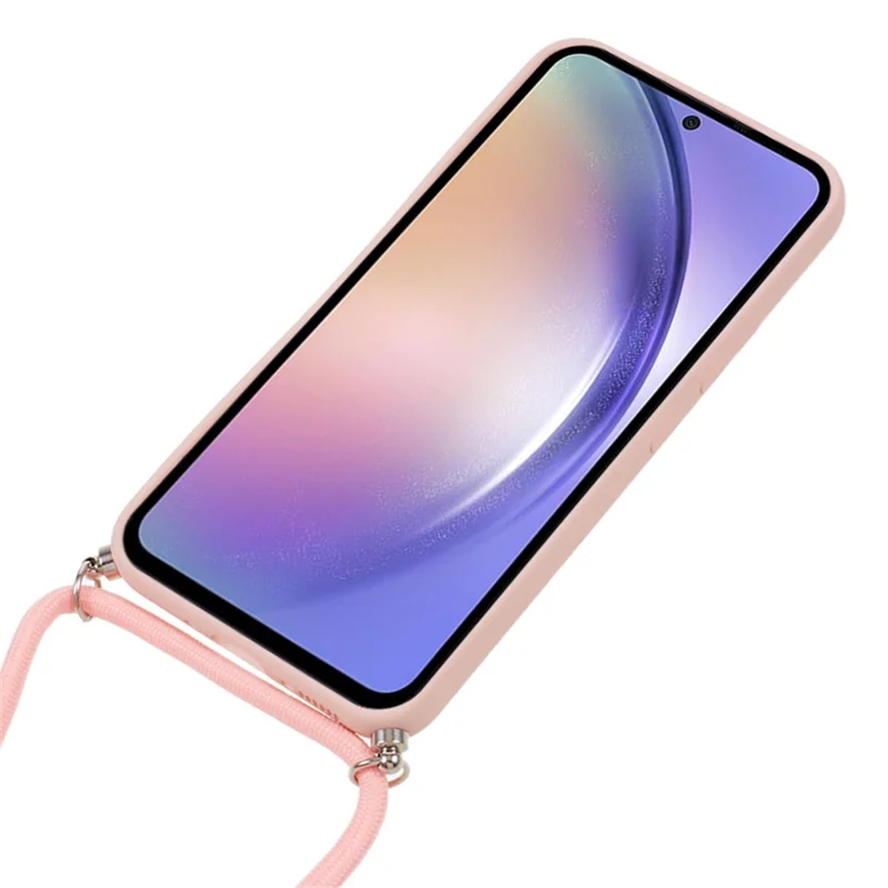 For Samsung Galaxy A54 5G TPU Case Fiber Lining Rubberized Cover with Long Lanyard - Pink