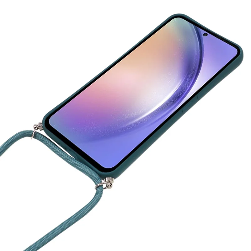 For Samsung Galaxy A54 5G TPU Case Fiber Lining Rubberized Cover with Long Lanyard - Army Green