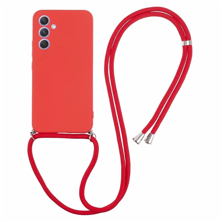 For Samsung Galaxy A14 5G / A14 4G Case Fiber Lining Rubberized TPU Cover with Long Lanyard - Red