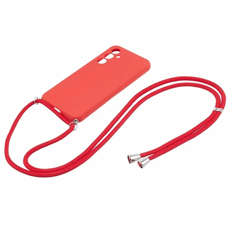 For Samsung Galaxy A14 5G / A14 4G Case Fiber Lining Rubberized TPU Cover with Long Lanyard - Red