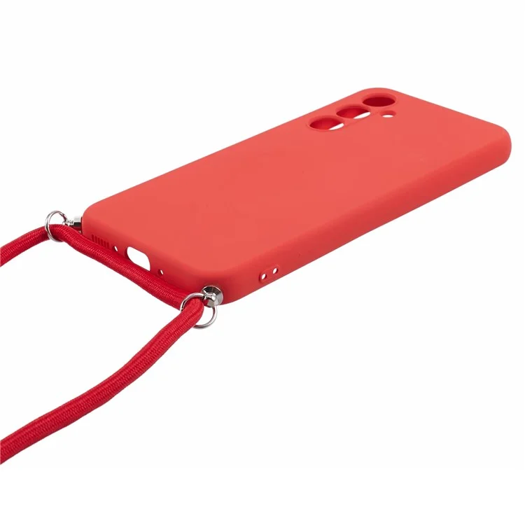 For Samsung Galaxy A14 5G / A14 4G Case Fiber Lining Rubberized TPU Cover with Long Lanyard - Red