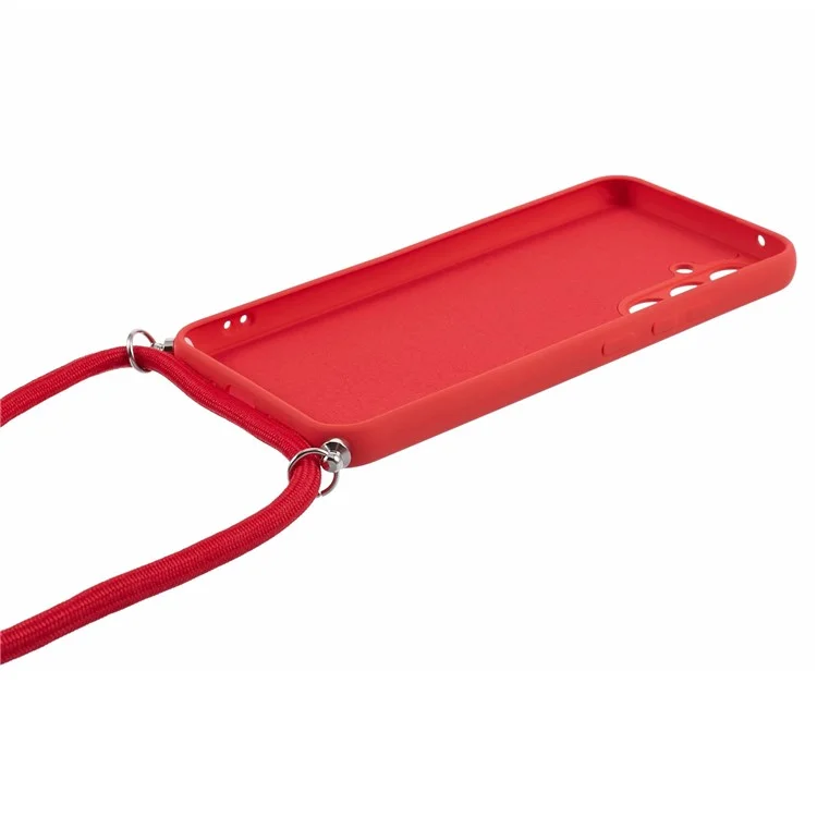 For Samsung Galaxy A14 5G / A14 4G Case Fiber Lining Rubberized TPU Cover with Long Lanyard - Red